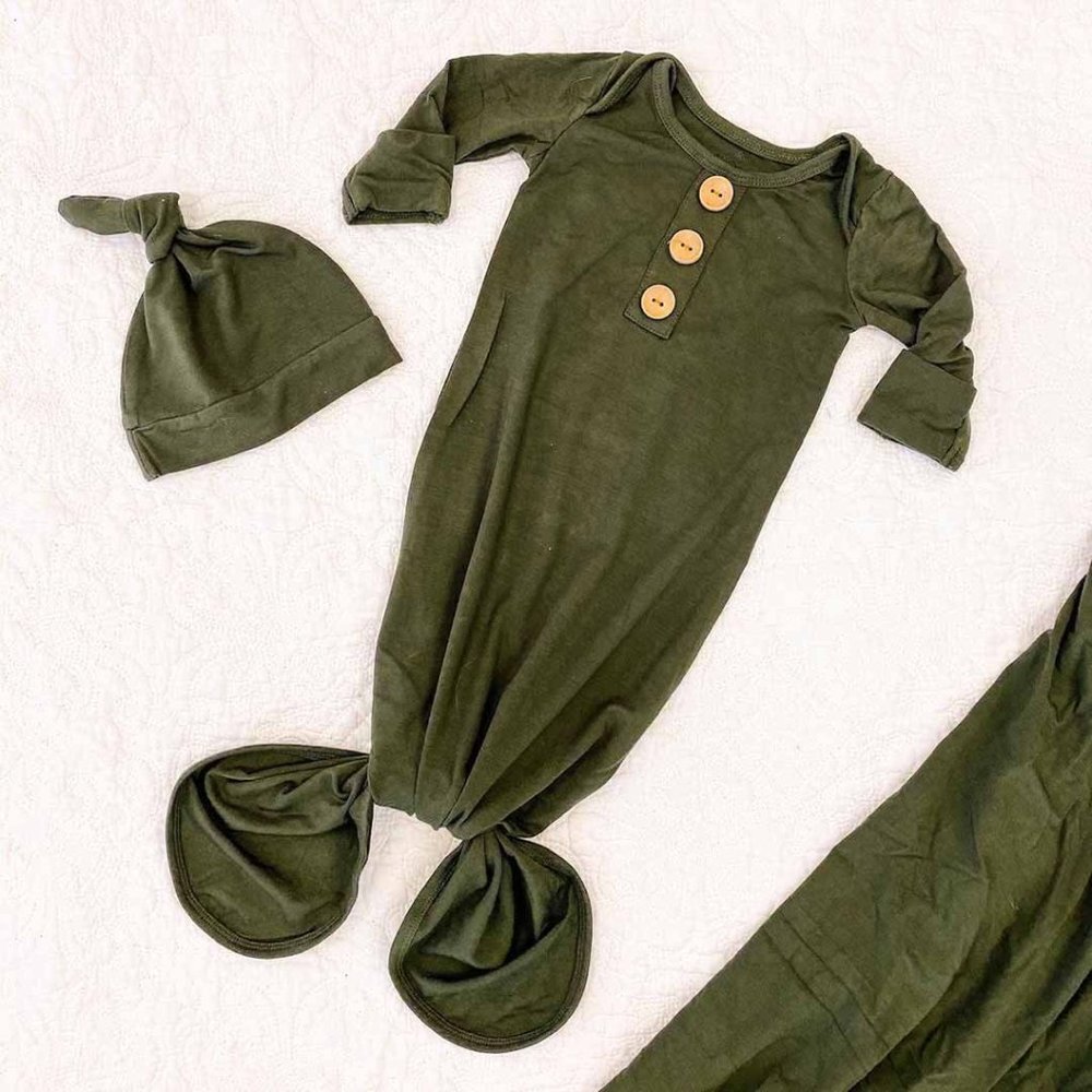 SOLID OLIVE BAMBOO BABY KNOT GOWN & HAT